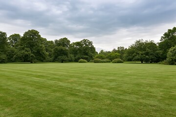 Naklejka premium The Expansive Lawn in a Tranquil Park Under a Cloudy Sky