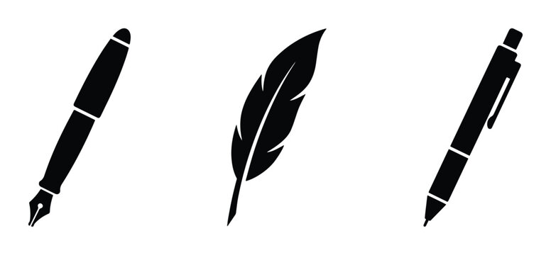 Writing tools set with fountain pen, feather quill and ballpoint pen silhouettes for logos