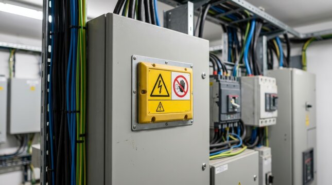 A close up view of an industrial electrical fuse box mounted on a wall with thick colored cables and warning signs, showing an indoor utility room setup with equipment panels