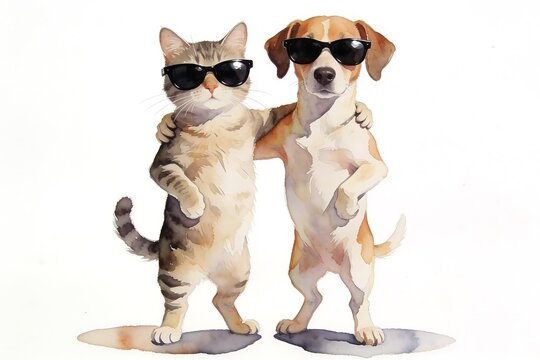 A watercolor dog and cat stand upright with an arm around each other wearing sunglasses on a pure white background