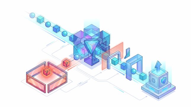 Isometric vector illustration depicting raw data processed by an AI core, diverting corrupted data to a quarantine zone while verified data enters a secure vault.
