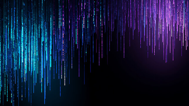 Vertical lines of blue and purple light create a digital rain pattern against a dark background