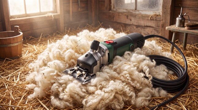 Shearing machine on sheep wool in a rustic barn setting  