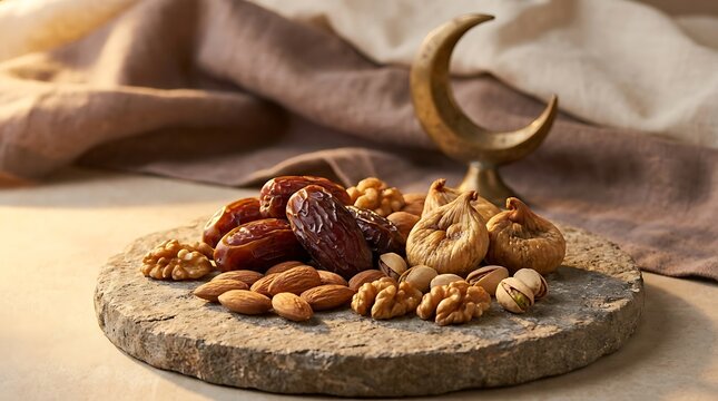 Ramadan dates nuts figs and crescent moon for Islamic celebration.