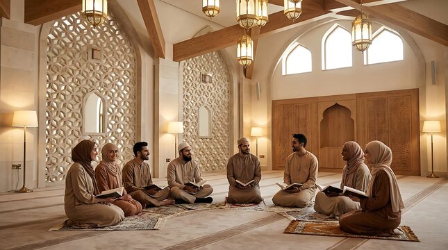 Muslim people sitting in circle reading books in spacious prayer hall.