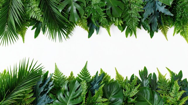 Tropical foliage arranged in two horizontal borders framing white copyspace