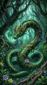 Fantasy serpent dragon creature wrapped in vines resting on forest floor surrounded by trees foliage and flowers