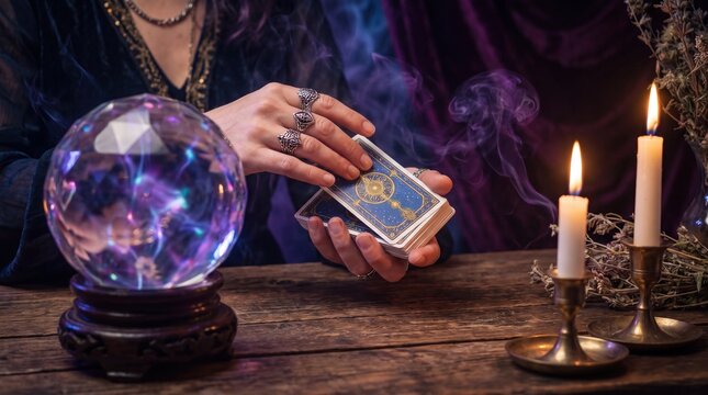 Tarot card reading with crystal ball candles and mystical fortune teller hands
