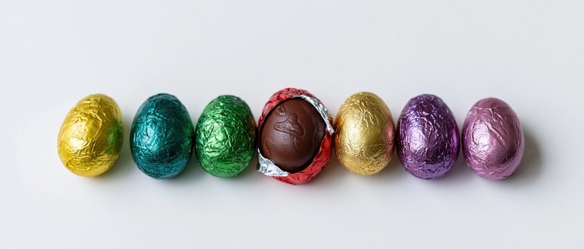 Row of foil-wrapped chocolate easter eggs in various colors on white background with one unwrapped in center