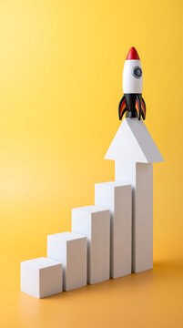 White rocket launching from upward climbing stairs graphic design concept
