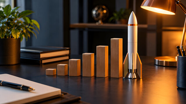 Model Rocket Beside Wooden Growth Chart on Office Desk