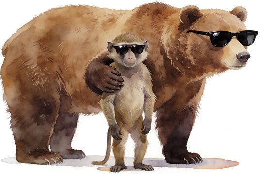 A watercolor brown bear and baboon stand upright with an arm around each other wearing sunglasses on a pure white background