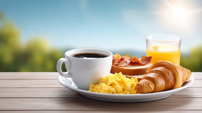 Breakfast still life with scrambled eggs croissant coffee bacon and juice