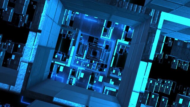 Geometric beams border deep sequence square openings virtual environment. Electric blue highlights surfaces give architectural background dramatic science fiction titles, game visuals, event screens.