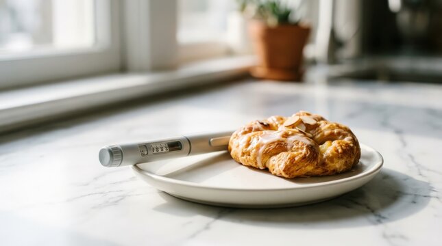 A close up view of an insulin pen resting on a small white plate beside a frosted pastry topped with sliced almonds on a marble countertop in a bright kitchen, underscoring the glazed pastry