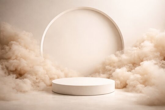 Elegant minimalist podium with clouds.
