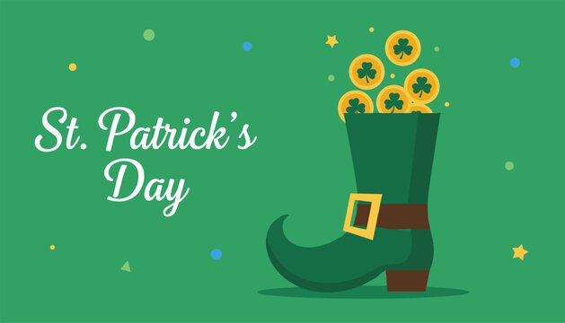 Green leprechaun boot overflowing with gold shamrock coins to celebrate St Patricks Day on a solid green background.