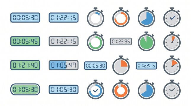 Stopwatch timer icon collection displaying different elapsed durations, time tracking indicators, productivity measurement, vector illustrations.
