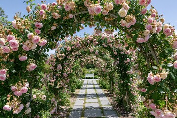 Fototapeta premium The Rose Arch Tunnel: A Blooming Pink Pathway Under Flowering Arches