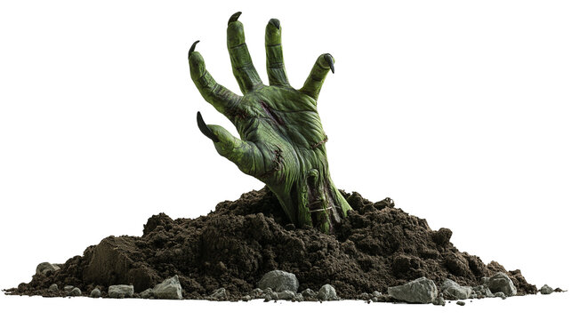 Green decaying zombie hand emerging from a pile of dark soil and rocks