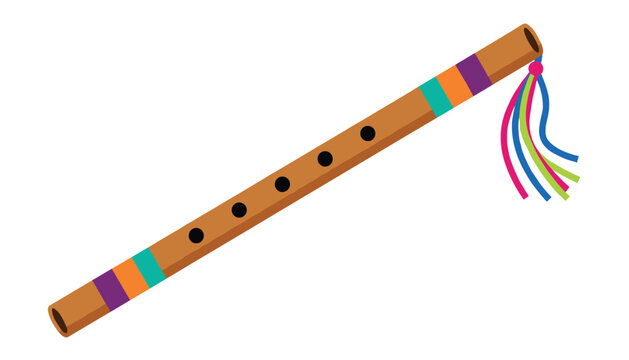 Traditional andean quena flute made of wood and decorated with colorful bands and tassels on white background.