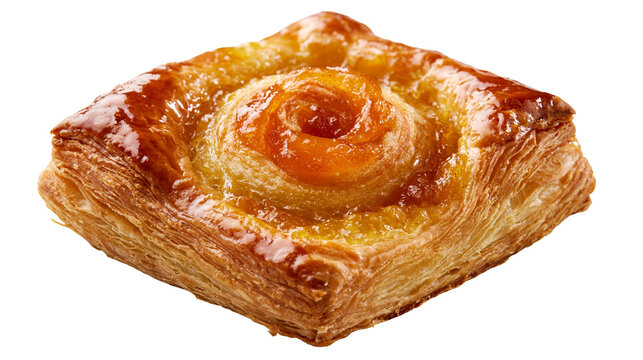 Golden flaky square danish pastry with sweet apricot fruit jam center
