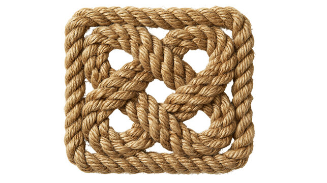Square decorative mat made of thick twisted natural jute rope in a woven pattern