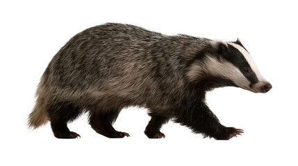 European badger walking with distinctive black and white striped head markings © Motruc