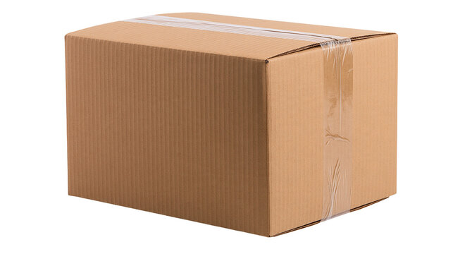 Rectangular brown cardboard shipping box sealed with clear adhesive packing tape