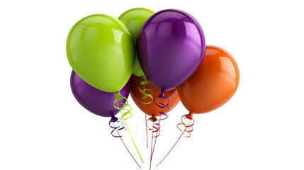 Bunch of colorful latex balloons with curled ribbons in purple green and orange © Motruc
