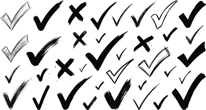 Set of hand drawn brush stroke check marks and crosses isolated on white background.