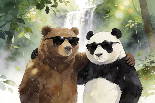 A watercolor brown bear and giant panda stand upright with an arm around each other wearing sunglasses in a lush forest with a waterfall
