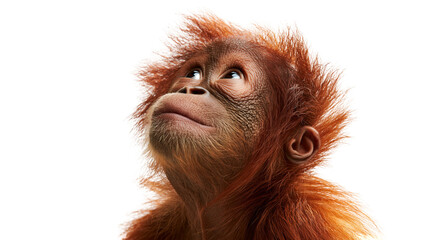 Young orangutan with shaggy reddish brown fur looking upwards © Motruc