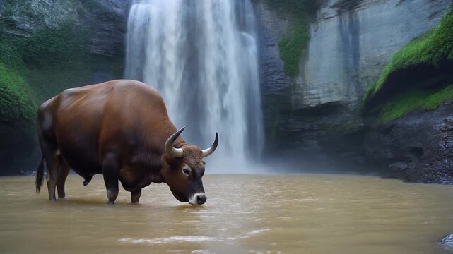 buffalo drinking water and waterfall view . seamless looping time-lapse virtual video Animation Background.