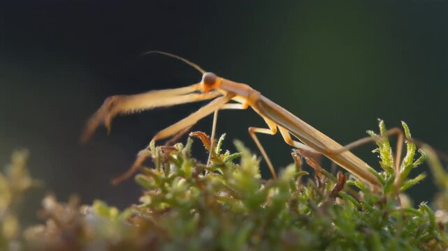 Praying Mantis Hunting on Moss During Soft Golden Hour Light