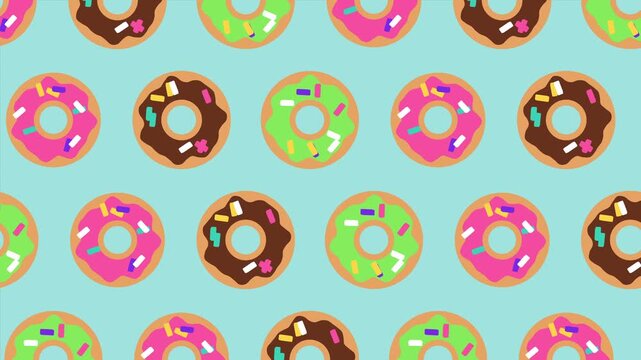 Seamless looping animation of colorful cartoon donuts with sprinkles on a light blue background, creating a fun and sweet moving pattern perfect for dessert, food, or children's content.