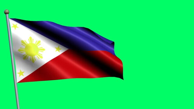 Philippines flag is shown waving over green screen, with layered stripes and flag movement readable across the textile in a clean stock view; useful for broadcast graphics and destination guides.