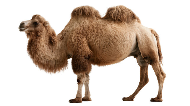Full body side view of a brown Bactrian camel with two humps