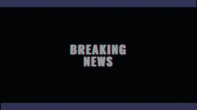 Television broadcast display showing urgent breaking news alert text on a dark screen with retro television signal interference patterns for communication media coverage during important global