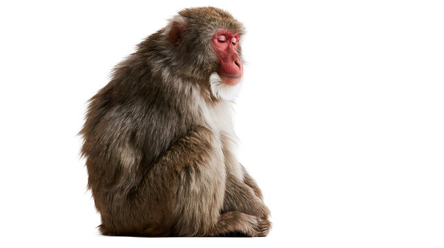 Japanese macaque monkey with thick brown fur and pink face sitting calmly