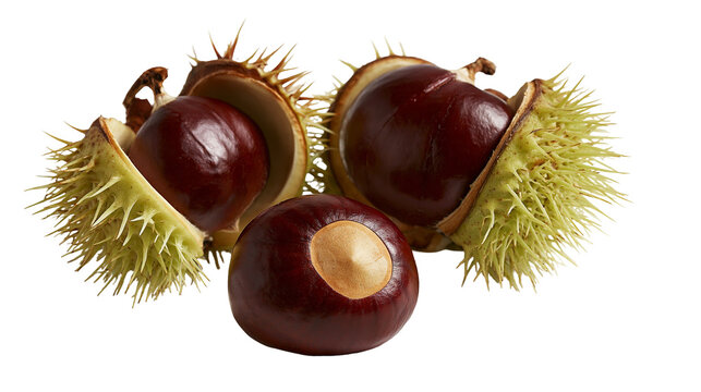 Shiny brown horse chestnuts with spiky green husks and one loose conker nut