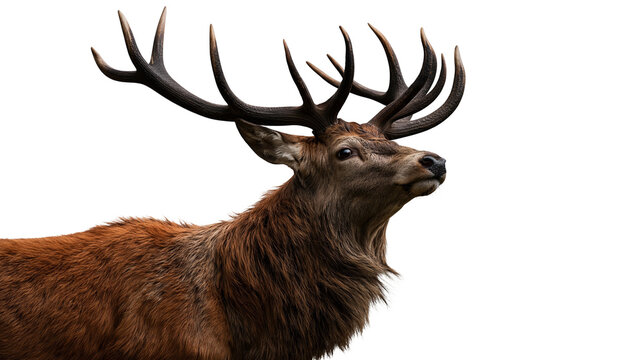 Majestic red deer stag with large branched antlers looking to the side