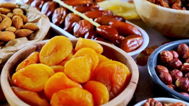 dried apricots dates almonds and hazelnuts in bowls on wooden background