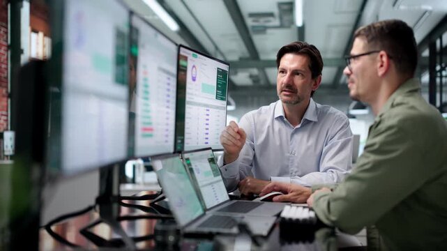 Accountant And Colleague Analyze Carbon Emissions Data On Laptop