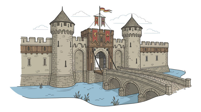 Medieval Castle Illustration with Drawbridge and Bridge