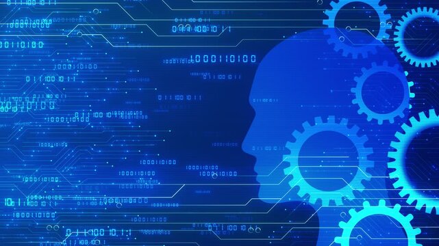 Human profile facing paired cyan gears, circuit connections, field of binary code. blue conceptual about intelligent systems, automated reasoning, software innovation, digital skills, smart technology