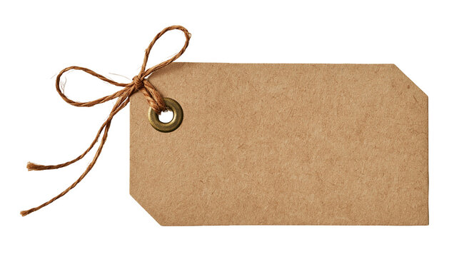 Brown rectangular cardboard paper tag with metal eyelet and tied jute twine bow