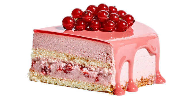 Slice of pink berry mousse cake topped with fresh red currants and glossy glaze