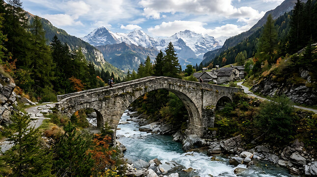 Ancient stone arch bridge crossing a turquoise mountain river in the Swiss Alps with snow-capped peaks and a small village