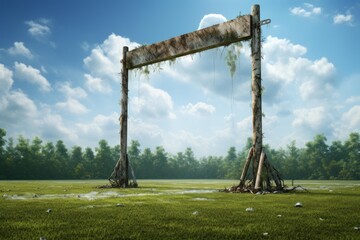 Naklejka premium Abandoned wooden gateway standing in an open green field under a vast blue sky with white clouds, symbolizing forgotten paths, nature reclaiming structures, and a sense of post human landscapes